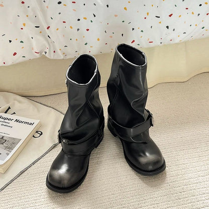 Vintage Thick Heel Women Western Cowboy Boots Fashion Belt Buckle Slip On Shoes Ladies Pleated Short Booties Autumn Winter