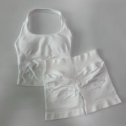 Yoga 2 Pieces Gym Set Women Backless Halter Tops High Waist Seamless Shorts Gym Suit Fitness Sports Bras Sportswear Workout Sets