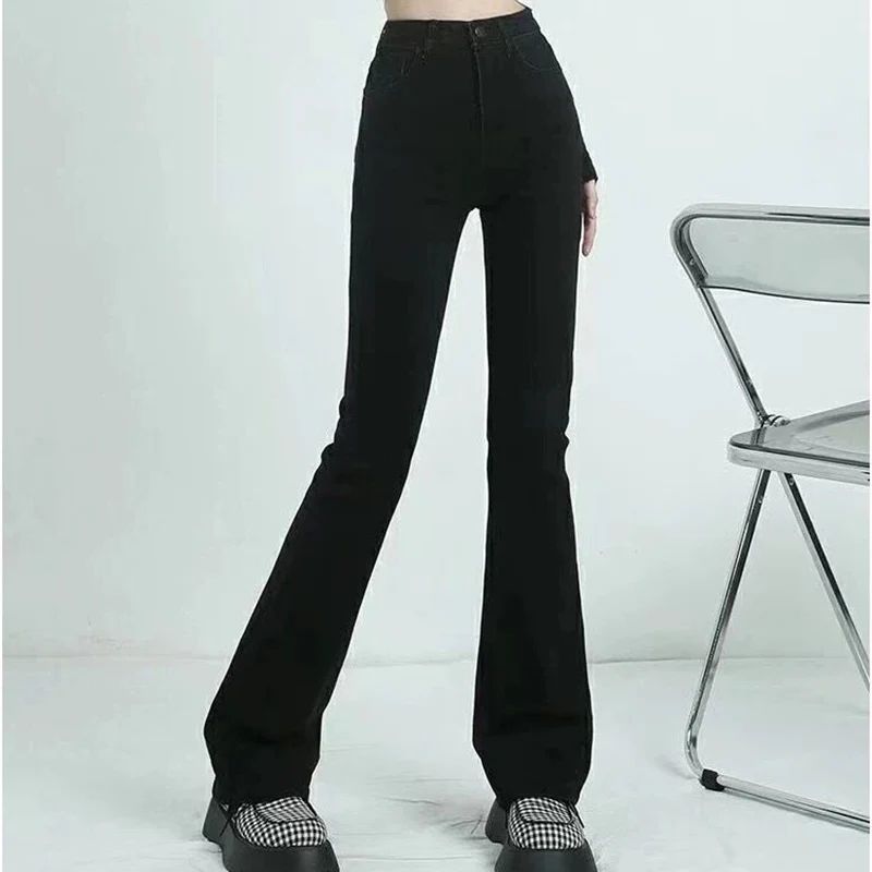 Women Korean Flare Jeans Girls High Waist Elastic Boot Cut Pants Lady Vintage Blue Black Gray Brown Denim Bell Bottom Trousers