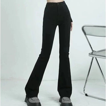 Women Korean Flare Jeans Girls High Waist Elastic Boot Cut Pants Lady Vintage Blue Black Gray Brown Denim Bell Bottom Trousers