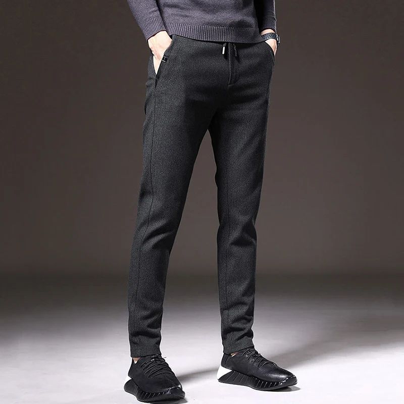 Autumn Winter Men Thermal Office Pants Straight Narrow Leg Classic Casual Pants Drawstring Tie Up Design Thicken Fleece Trousers