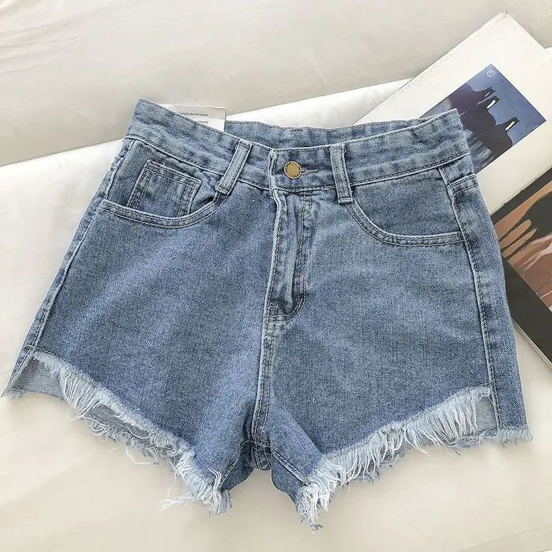 2025 New Summer Women High Wiast Raw Hem Denim Shorts Soild White Black Blue Korean Wide Leg Pants Mon Shorts  Jean Shorts