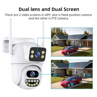 Câmera de vigilância WiFi 4K 8MP, detecção humana por IA, lente dupla, zoom digital 4X, câmeras IP PTZ de segurança externa