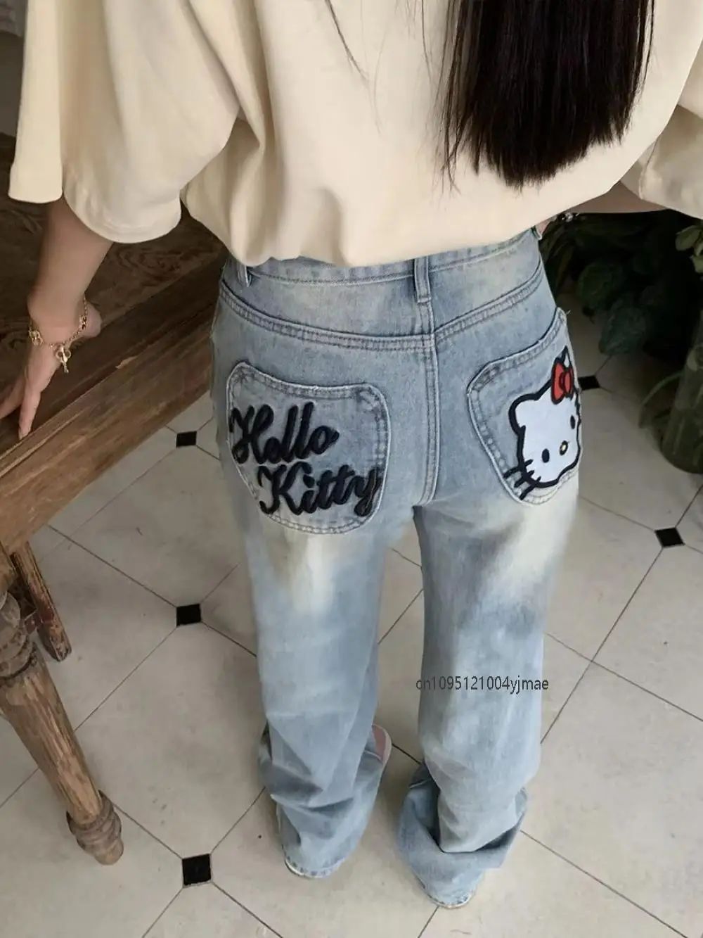 New Hello Kitty Wide Leg Pants Women's Spring Girl China-Chic Embroidery Loose Skinny Straight Leg Denim Pants Straight Trousers