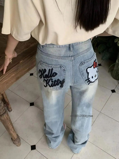 New Hello Kitty Wide Leg Pants Women's Spring Girl China-Chic Embroidery Loose Skinny Straight Leg Denim Pants Straight Trousers