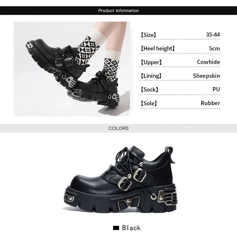 2025 New Dark Punk Style Woman Gothic Flame Carved Vintage Rock Boots Leather Shoes Metal Niche Low Top Platform Shoes