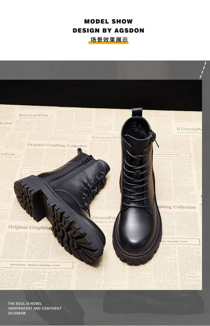Autumn new mid length Boots Black anti slip trendy Footwear  Fashion laceup boots Ladies thick heeled casual shoes Botas Zapatos