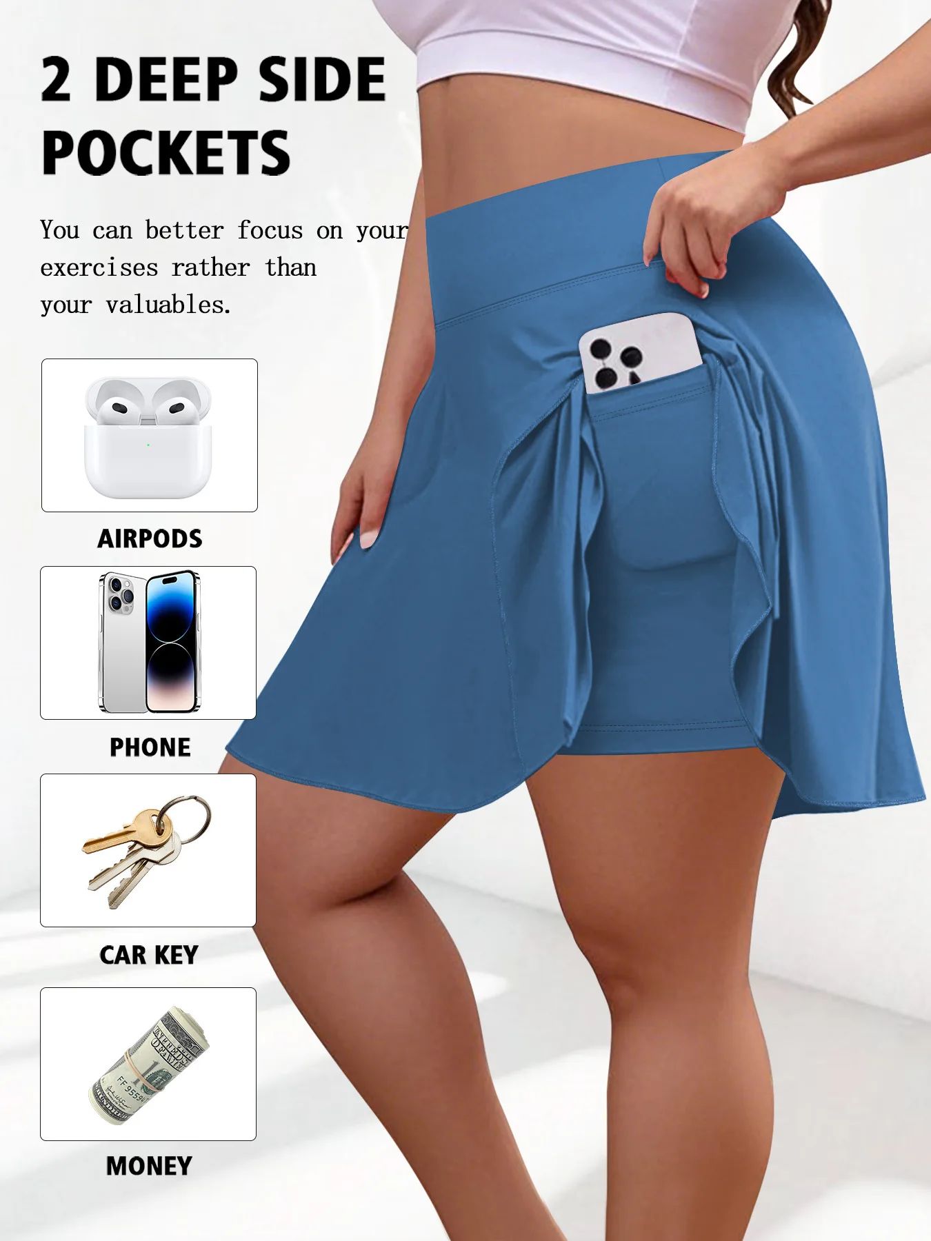 Plus Size Women with Pocket Short Skirt Fitness Short Skirt High Waist Fashion 200lbs Sports Short Skirt Gym Outdoor Solid Skirt