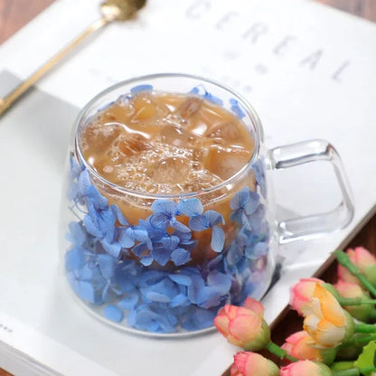 Copo de Vidro de Parede Dupla 200ml Transparente com Padrão de Flores Caneca de Chá Leite Café com Alça Presente para Amigos Copo de Água para Casa