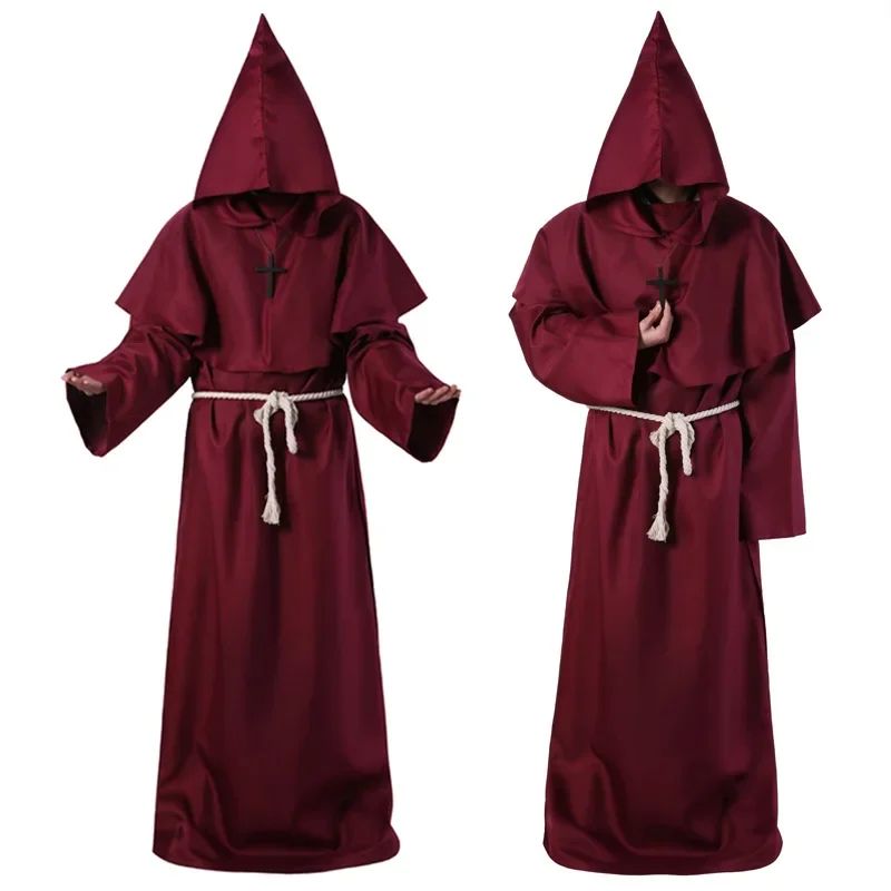 Retro Priest Robe Halloween Cosplay Costume Wizard Fancy Punk Cloak Mask Medieval Monk Robe Hooded Monk Cowl
