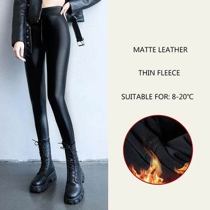 2024 Autumn Winter Velvet Thick Warm Leather Pants Women Elastic PU High Waist Leggings Black Casual Slimming Fleece Trousers
