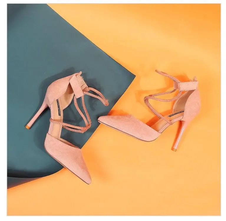 2024 New Cross-strap Roman Sandals Suede High Heels Women's Shoes One-line Buckle Fine Heel Pointed Sandals Zapatos De Mujer