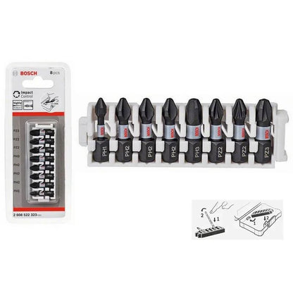 BOSCH 2608522323 Jogo de Pontas de Parafusadeira PH1 PH2 PH3 PZ2 PZ3 25mm, Conjunto de 8 Peças, Conjunto de Pontas Cruzadas, Acessórios para Ferramentas Elétricas
