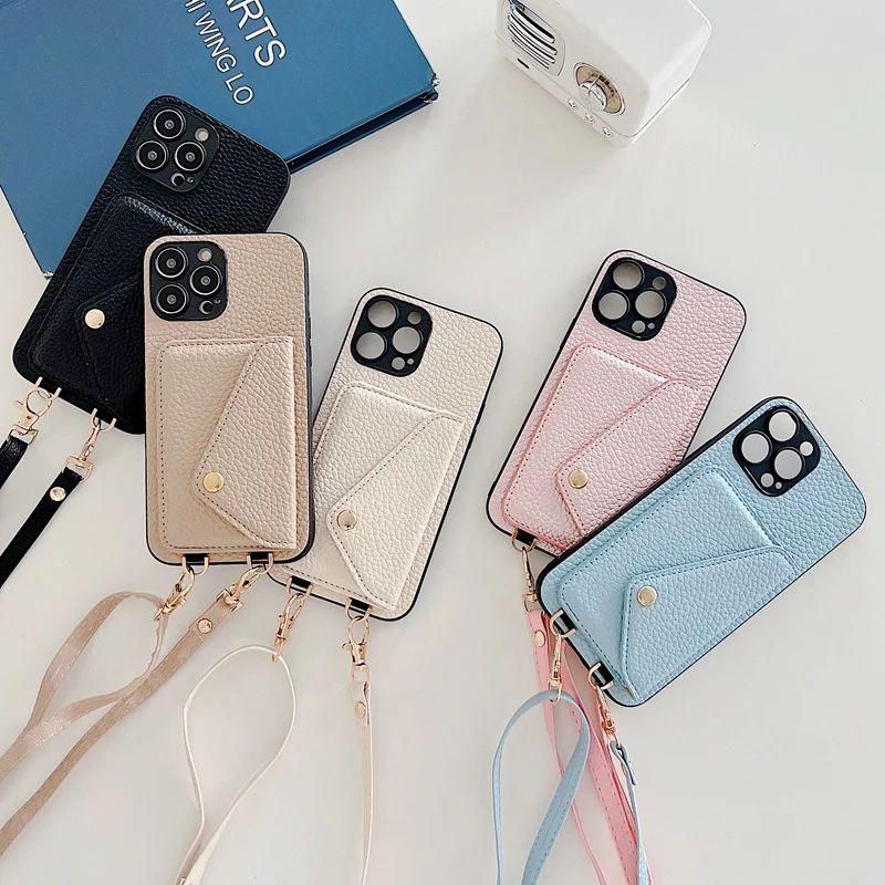 Capa de Couro com Alça Transversal e Suporte de Cartão para iPhone 17 Air 16 15 Plus 14 13 12 11 Pro Max