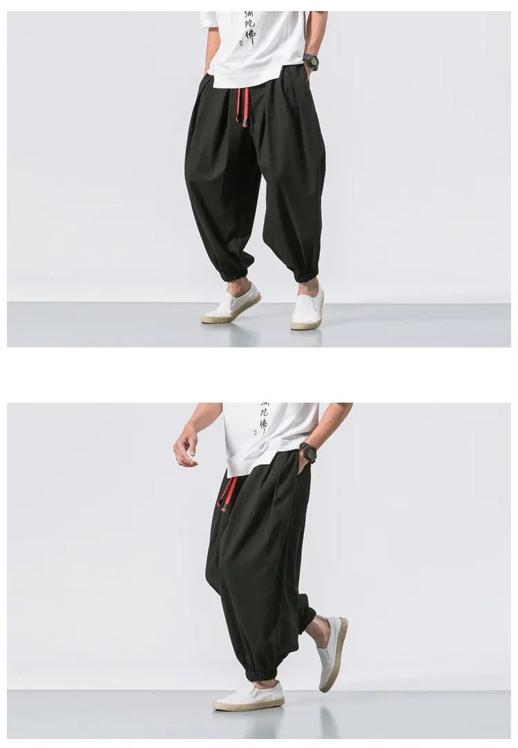 New Trendy Men Harem Pants Loose Oversized Style Cotton and Linen High Quality Jogger Sweatpants Casual Male Trousers