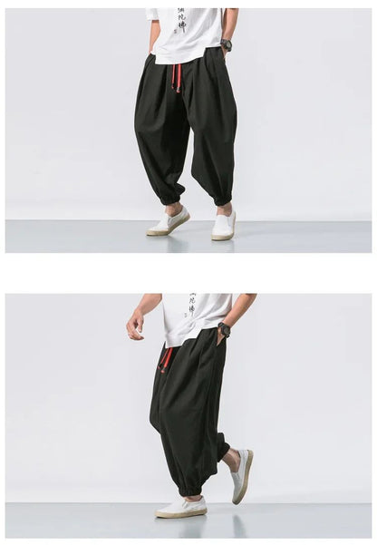 New Trendy Men Harem Pants Loose Oversized Style Cotton and Linen High Quality Jogger Sweatpants Casual Male Trousers