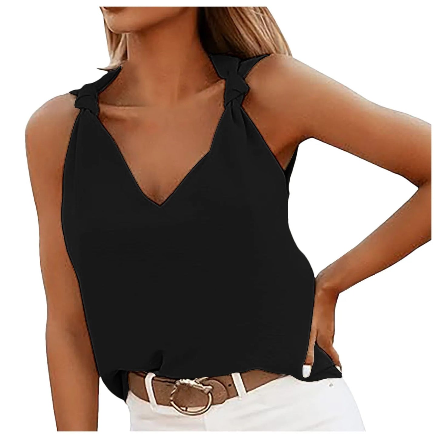 Active Tops for Women Women's Casual Fashion V Neck Knotted Tie Sleeveless Blouses Fashion Temperament Shirts Cute Sweet Top