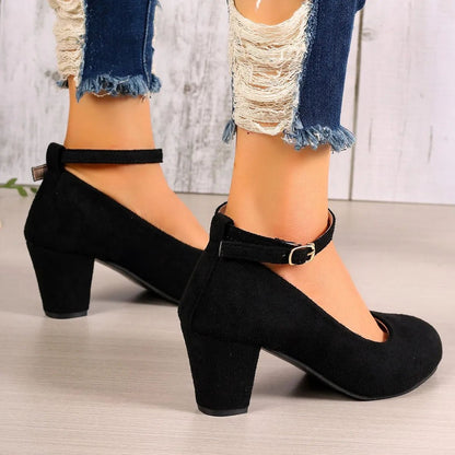 Sapatos Femininos Scarpin com Salto Grosso e Tira no Tornozelo Salto Alto Plataforma Estilo Mary Jane para Mulheres Sapatos Femininos Estilo OL Calçados Femininos