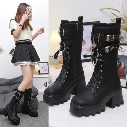Autumn Women Punk Style Platform Mid-calf Boots Thick Sole Leather Motorcycle Boots 9CM Chunky Metal Buckle Short Boots Woman
