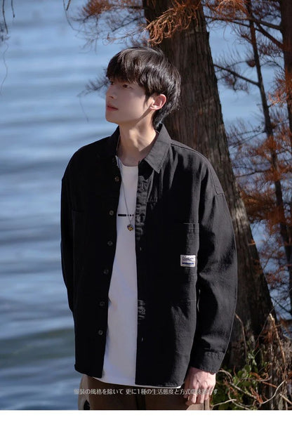 Japanese Series Men's Shirts Casual Vintage Cargo Jacket Top Spring Autumn Solid Blouses Single Breasted Male Clothes Streetwear