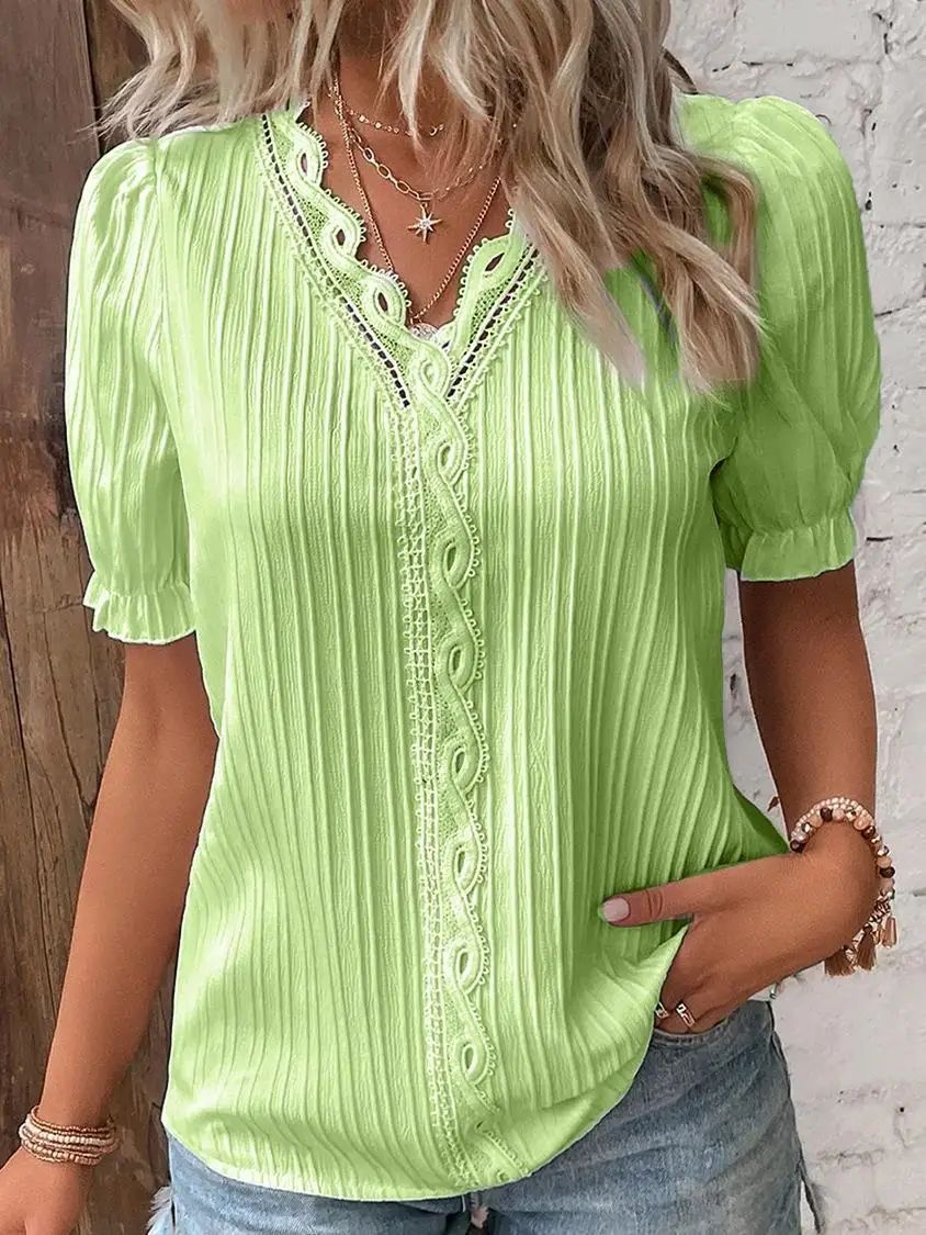 2025 Summer New Women's Blouse Top Solid Sexy V-Neck Hollow Short Sleeve Fashion Splice Plus Size Loose Street Apparel Shirt