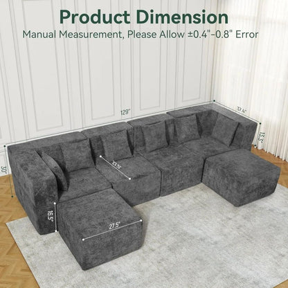 Cloud Modular Sectional Couch 4 Seater Convertible Chenille Sofa Set with Ottoman 130 Inch Living Room Furniture