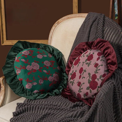 Removable Washable American Light Luxury Sofa Flower Pillow Homestay Round Cushion Retro Ruffle Edge Red Pillow  Throw Pillows