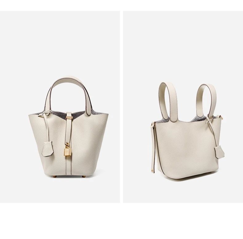 Genuine Leather Shoulder Bucket Bag Women Litchi Pattern Mini Basket Tote Soft Handbag Mommy Bride Wedding Bags with Lock