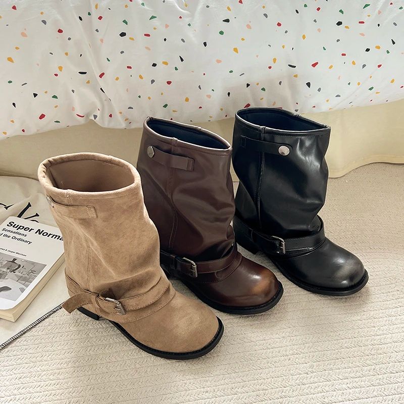 Vintage Thick Heel Women Western Cowboy Boots Fashion Belt Buckle Slip On Shoes Ladies Pleated Short Booties Autumn Winter