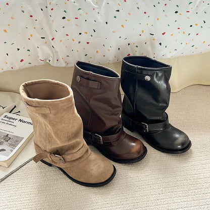 Vintage Thick Heel Women Western Cowboy Boots Fashion Belt Buckle Slip On Shoes Ladies Pleated Short Booties Autumn Winter