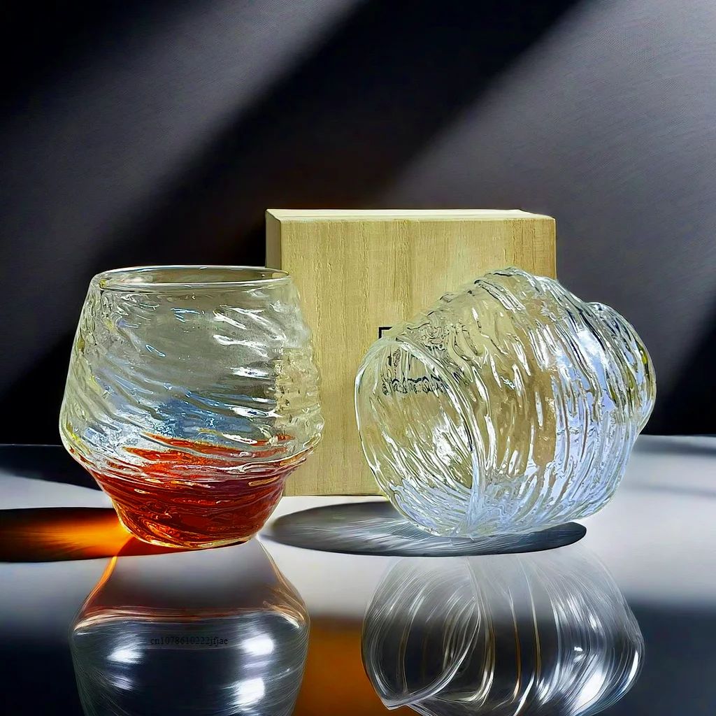 Conjunto de Copos de Uísque de Montanha Glacial 3D Japonesa - Copos Baixos & para Pedras com Caixa de Presente de Madeira para Uísque, Vodka, Vinho