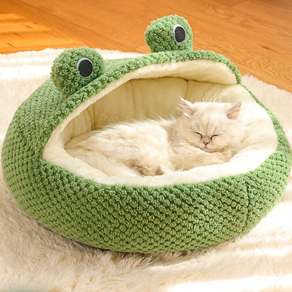 Nova Cama para Animais de Estimação Inverno Quente Toca para Cão Gato Vilinha Pelúcia Colchão para Pets Pequeno Formato Sapo Semi-Fechada Casa para Gatinhos Filhotes Suprimentos para Animais de Estimação