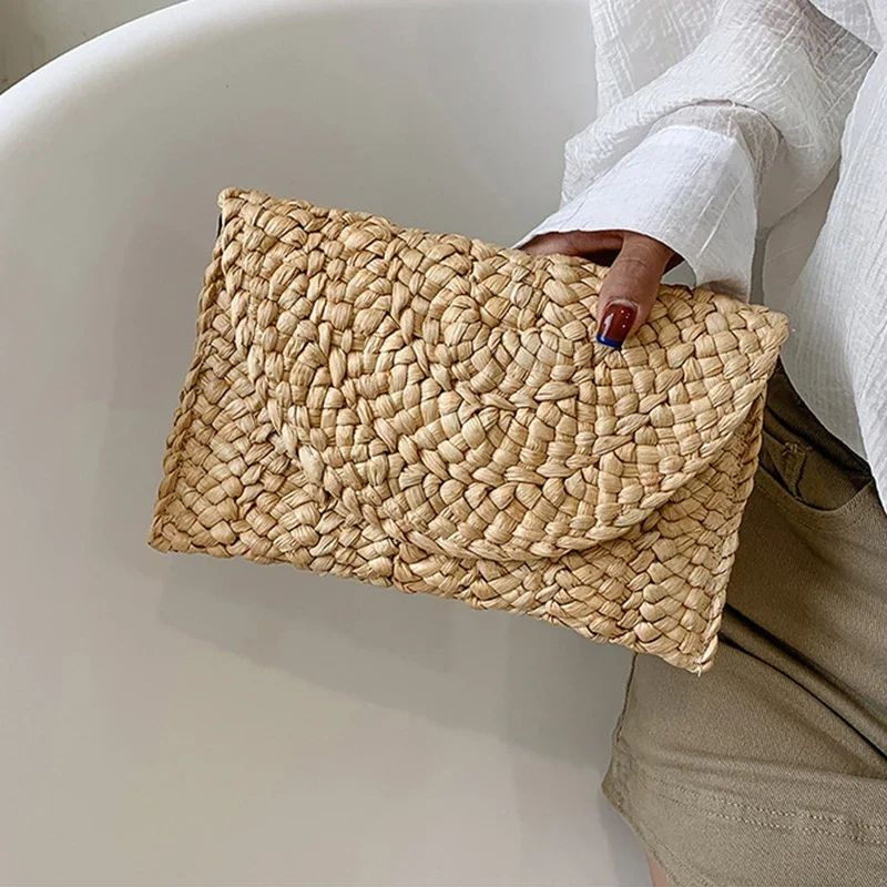 Fashionable Corn Husk Straw Bags Hand-woven Women Clutch Envelope Handbag Long Purse for Female Summer Beach Bag Bolsa 2024