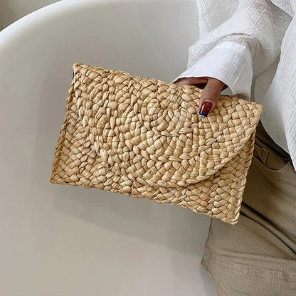 Fashionable Corn Husk Straw Bags Hand-woven Women Clutch Envelope Handbag Long Purse for Female Summer Beach Bag Bolsa 2024