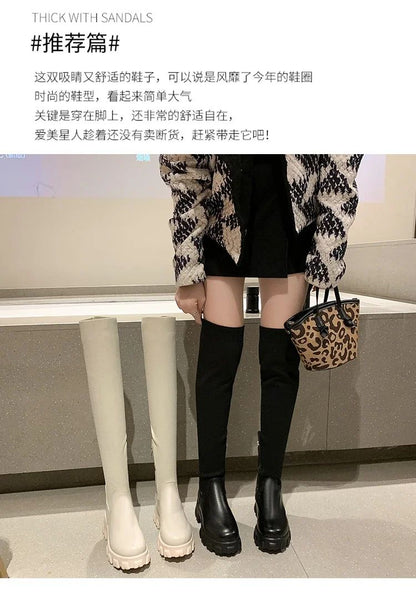 Women's Solid Color Chunky Heel Boots, Stylish Side Zipper Over The Knee Boots, Fashion Platform Long Boots