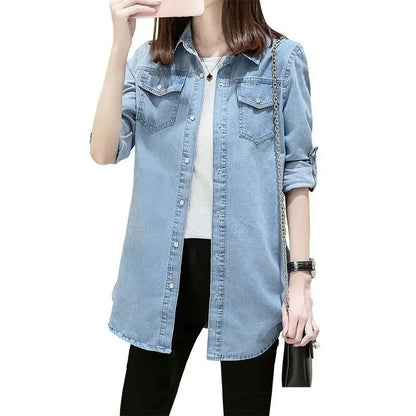 Loose Women's Denim Shirt Long Sleeve Mid-Length Slim Fit plus Size Spring Autumn New Style Student Outerwear Casual Shirt