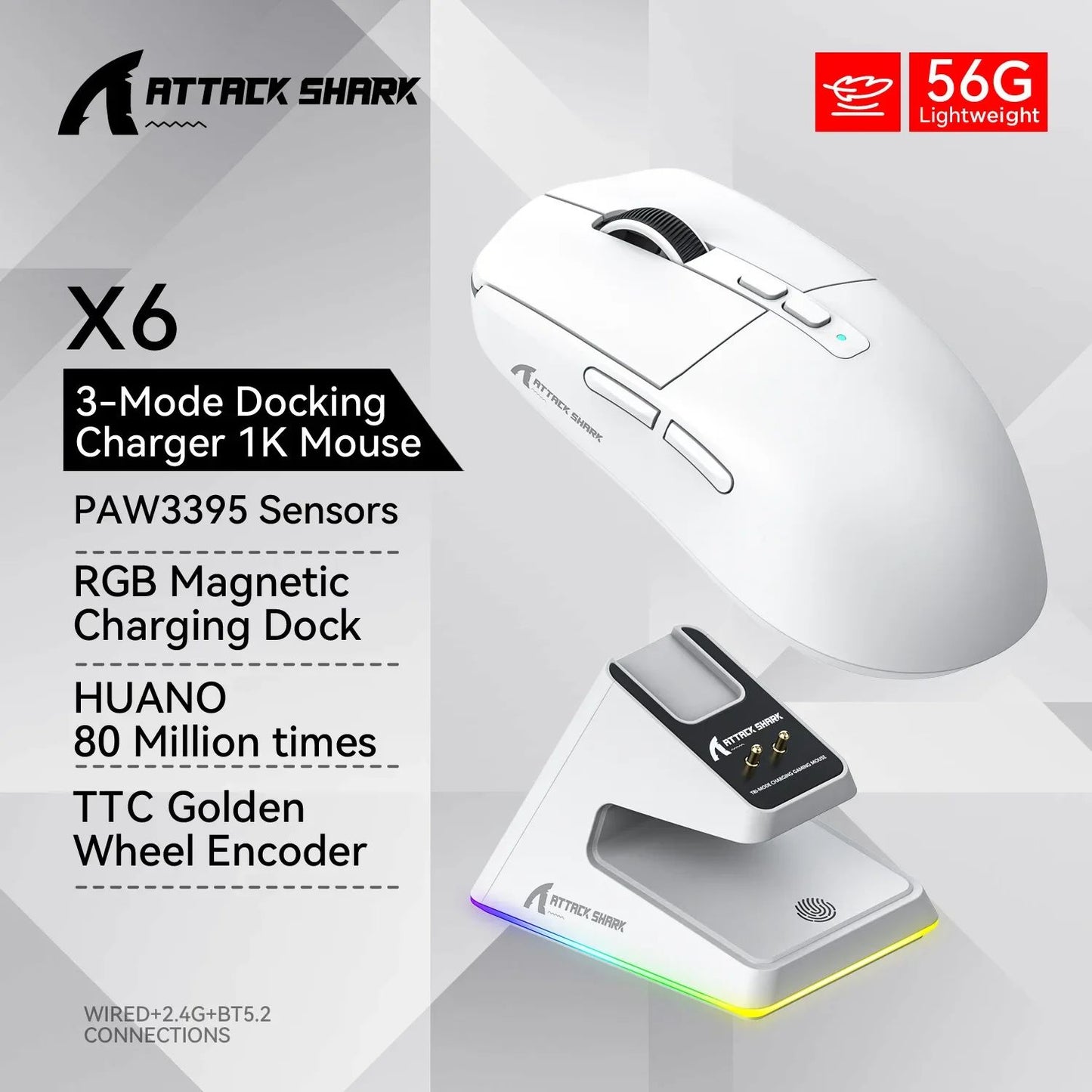 Attack Shark X6 Wireless Ergonomic Gaming Mouse Adjustable DPI Wired 2.4G/Bluetooth High Precision Rechargeable Mice
