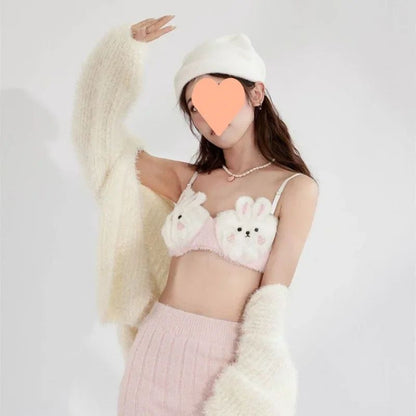Um Lindo Sutiã de Inverno de Pelúcia Estilo Japonês com Um Coelho e Um Urso, Sem Aro