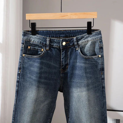 Milão Qualidade Premium Europeia Outono/Inverno Calças Jeans Masculinas Emagrecem Sua Silhueta Solta Reta Elástica Vintage
