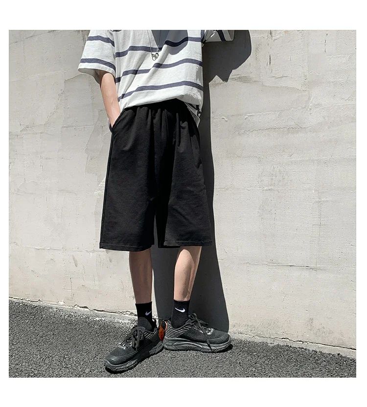 Summer New Y2K Solid Color Cotton Loose Men's Sports Pants Shorts Street Wear Simple Drawstring Straight Casual Shorts Male