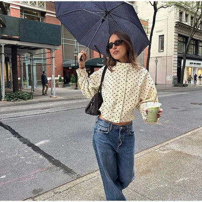 Polka Dot Stand Neck Short Jackets Women Fashion Long Sleeve Patchwork Contrast Slim Coats Casual Lady Street Commute Outerwear
