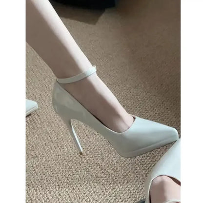 Sapatos femininos com salto agulha super alto de 11cm, corrente de pérolas, tira no tornozelo, bico fino, tamanho grande, sapatos de escritório de couro