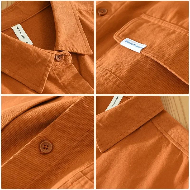 Cargo Shirt Men Spring Autumn Double Pocket Long Sleeve Shirts Male Casual Pure Cotton Orange Shirt Japanese Fashion Loose Shirt