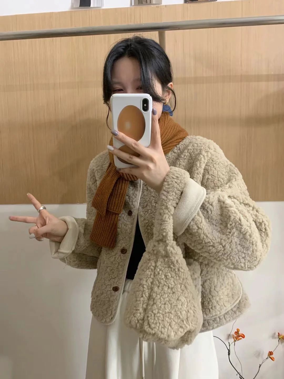 Korean Chic round Neck Single Button Loose Lamb Fur Jacket Winter Elegant Fashion Small Size with Bag Matching Women's Coat
