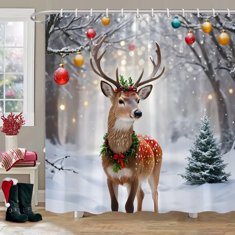 Winter Snow Forest Deer Shower Curtain Christmas Nature Landscape Christmas Gift Polyester Fabric Shower Curtains Bathroom Dec