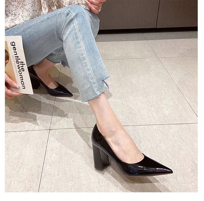 Women Shoes Patent Leather Slip-On Chunky Heels High Heels Women Temperament Pointed Toe Shallow Sexy Wedding Shoes Pumps