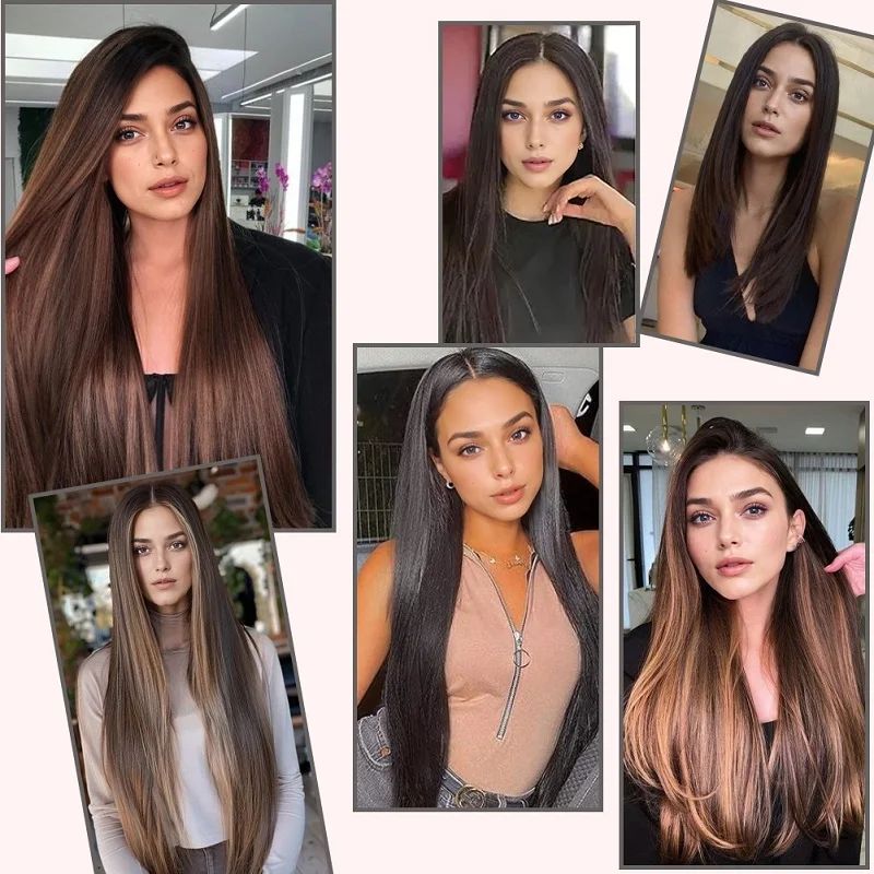 Extensão de cabelo liso longo sintético de 24 polegadas 7pçs/conjunto 16 clipes Penteado Preto Loiro Peruca para mulheres 2026
