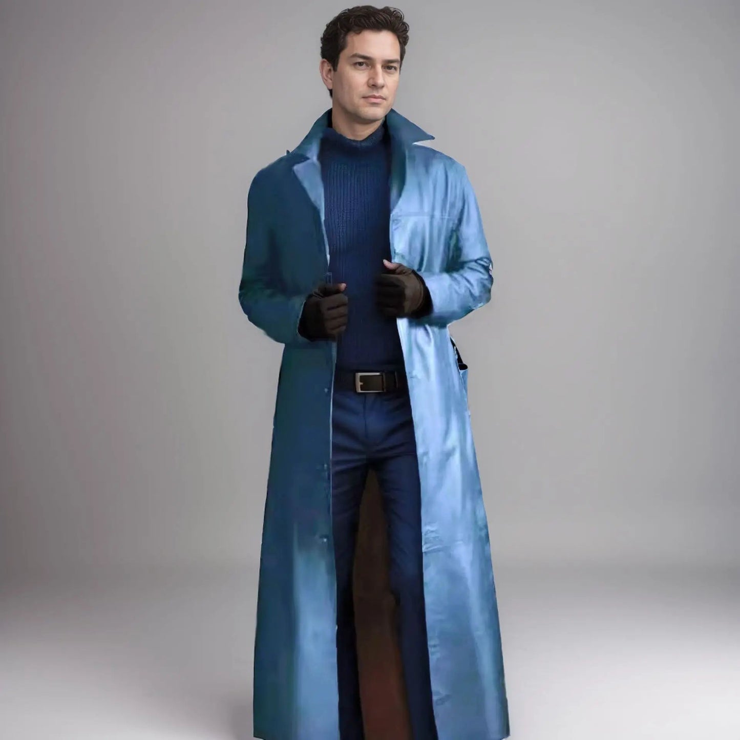 Casual Pure Color Slim Fit PU Leather Long Jacket Men's Coat with Lining Autumn Fashion Quality Outerwear Male Model