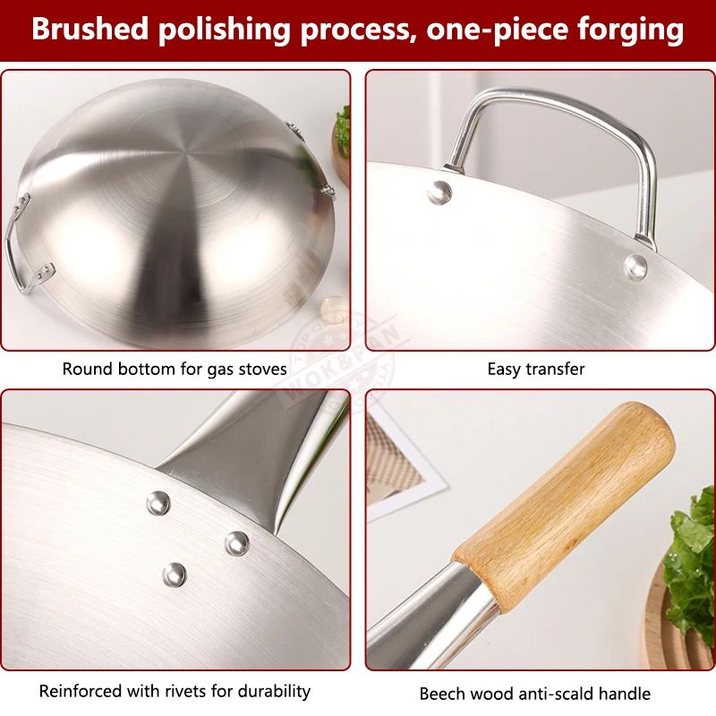 Wok de Aço Inoxidável com Cabo de Faia Anti-Queimadura Fundo Redondo Utensílio de Cozinha para Fogões a Gás 32cm