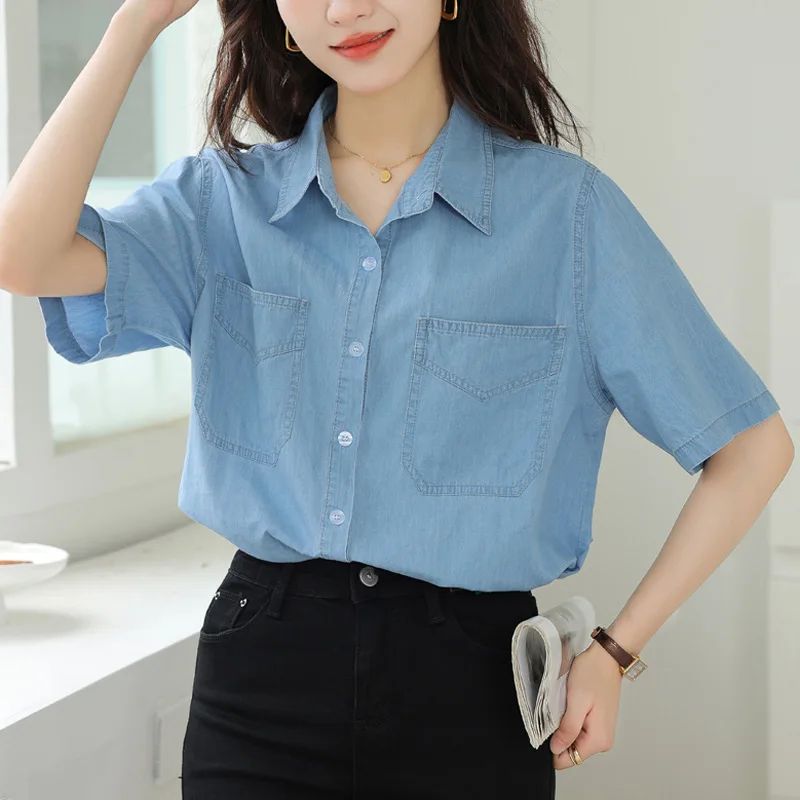 Vintageblueshort Sleeves Thin Denim Shirt 2024 Summer New Casual Loose-Fit Hong Kong Style Petite Top For Women